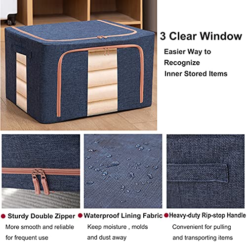 Large Capacity Clothes Storage Organizer - Stackable Storage Bags with Foldable Metal Frame, Zipper, Handles, Clear Window, Storage Container Box for Blanket Sweater Comforter Pillow,100L x 2 Pack (Navy)