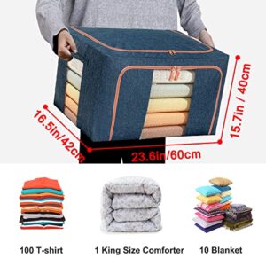 Large Capacity Clothes Storage Organizer - Stackable Storage Bags with Foldable Metal Frame, Zipper, Handles, Clear Window, Storage Container Box for Blanket Sweater Comforter Pillow,100L x 2 Pack (Navy)
