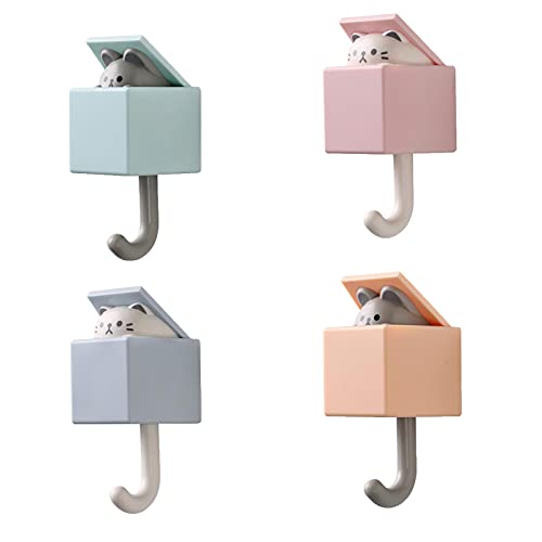 Creative Adhesive Coat Hook,4 Pcs Cute Pet Hooks for Coat, Scarf, Hat, Towel,Key, Bag, Utility Cat Hook for Wall Hanging Decorations(4 Colors)