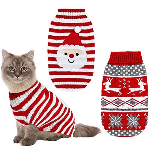 2 Pieces Dog Cat Festival Sweater Pet Puppy Sweater Cartoon Sweater Pet Winter Knitwear Clothes Kitten Sweater for Cats and Small Dogs for Valentine's Day Christmas (Santa Pattern, Small)