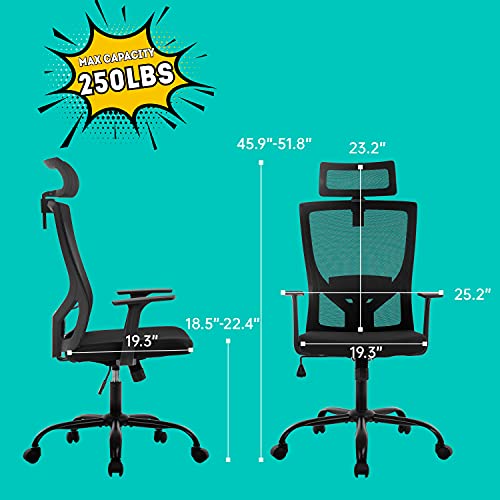 Ergonomic Office Chair Swivel Home Office Desk Chair with Head Pillow Breathable Mesh Backrest Adjustable Seat Height Firm Arm Rests Mesh Chair for Working and Resting (Black)