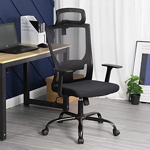 Ergonomic Office Chair Swivel Home Office Desk Chair with Head Pillow Breathable Mesh Backrest Adjustable Seat Height Firm Arm Rests Mesh Chair for Working and Resting (Black)