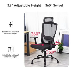 Ergonomic Office Chair Swivel Home Office Desk Chair with Head Pillow Breathable Mesh Backrest Adjustable Seat Height Firm Arm Rests Mesh Chair for Working and Resting (Black)