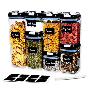 naivees airtight food storage containers 7 pc different volume set bpa free plastic kitchen and pantry organization for cereal, snacks and sugar clear canisters with 24 free chalkboard labels