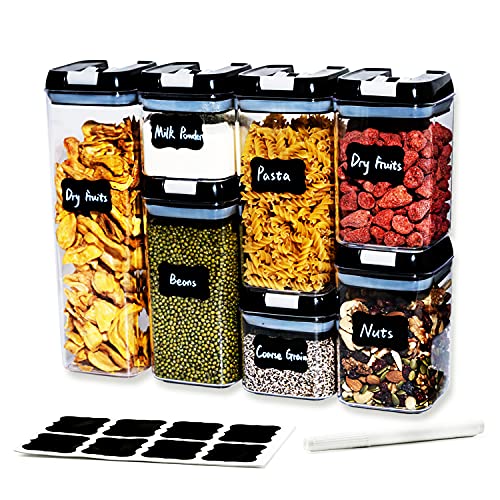 Naivees Airtight Food Storage Containers 7 PC Different Volume Set BPA Free Plastic Kitchen and Pantry Organization for Cereal, Snacks and Sugar Clear Canisters with 24 Free Chalkboard Labels