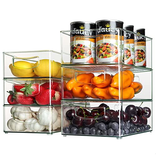 JOOFLI Vertical Stackable Refrigerator Pantry Organizer Bins, Set Of 6 Clear Plastic Storage Containers for Kitchen Countertops, Fridge, Cabinets, Bathroom, Bedroom BPA Free