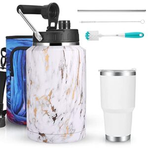 sursip 128 oz insulated water bottle,one gallon vacuum stainless steel double walled water jug with 1pcs 30 oz mug(inclue brush/straw)/jug backpack,sports,travel,games,home use,school-marble