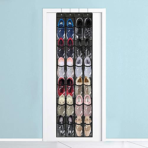 ZCX Over The Door Closet Shoe Holders with Clear Pockets, Breathable Non-Woven Fabric Hanging Closets, Hanging Shoe Organizer for Bedroom Closet Bathroom Kitchen Doors (Black) Shoe Racks