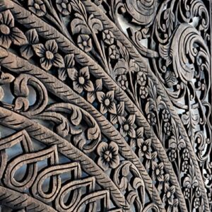 Moroccan King Wood Carved Headboard, Reclaimed Wall Art Hanging in Teak, Wooden Panels Handcrafted from Thailand, Rustic Black Finish, 80 inches