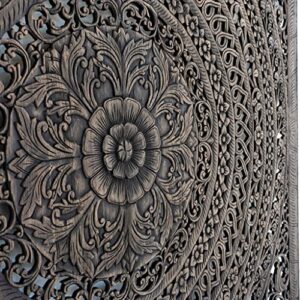 Moroccan King Wood Carved Headboard, Reclaimed Wall Art Hanging in Teak, Wooden Panels Handcrafted from Thailand, Rustic Black Finish, 80 inches