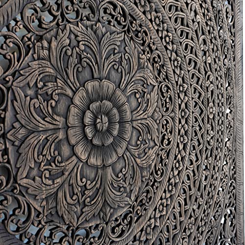 Moroccan King Wood Carved Headboard, Reclaimed Wall Art Hanging in Teak, Wooden Panels Handcrafted from Thailand, Rustic Black Finish, 80 inches