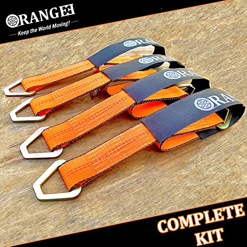 ORANGEE 4 Pack 2 Inch x 36 Inch Axle Tie Down Strap with Sleeve and D-Ring - 10,000LBS Capacity - Bright Orange Color - for Car Trailer, Towing, Hauling