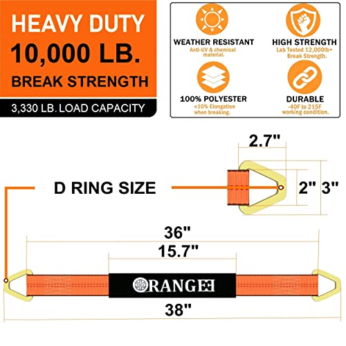 ORANGEE 4 Pack 2 Inch x 36 Inch Axle Tie Down Strap with Sleeve and D-Ring - 10,000LBS Capacity - Bright Orange Color - for Car Trailer, Towing, Hauling