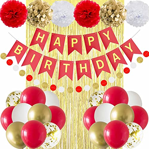 ANSOMO Red and Gold Happy Birthday Party Decorations with Banner Balloons Pom Poms Foil Fringe Curtains for Girls Women