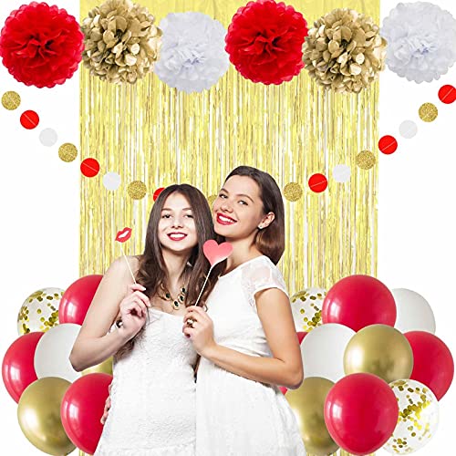 ANSOMO Red and Gold Happy Birthday Party Decorations with Banner Balloons Pom Poms Foil Fringe Curtains for Girls Women