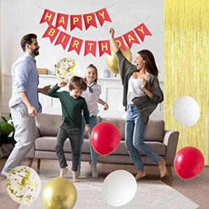 ANSOMO Red and Gold Happy Birthday Party Decorations with Banner Balloons Pom Poms Foil Fringe Curtains for Girls Women