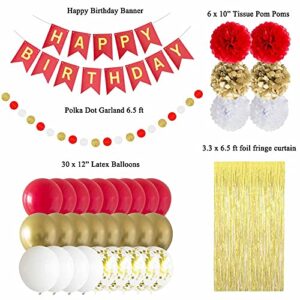 ANSOMO Red and Gold Happy Birthday Party Decorations with Banner Balloons Pom Poms Foil Fringe Curtains for Girls Women