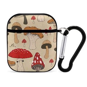 youtary various mushroom art pattern airpods 1 & 2 case cover, apple airpod headphone cover unisex personalized shockproof protective wireless charging accessories with keychain