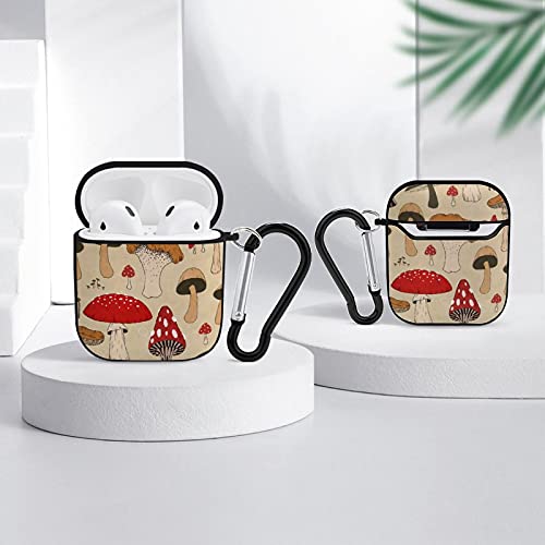 YouTary Various Mushroom Art Pattern Airpods 1 & 2 Case Cover, Apple AirPod Headphone Cover Unisex Personalized Shockproof Protective Wireless Charging Accessories with Keychain