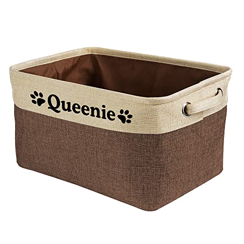 MALIHONG Personalized Dog Toy Box Collapsible Storage Basket Sturdy Fabric Storage Bin with Handles for Organizing Shelf Home Closet, Brown and White Size - 15" x 11" x 8.3"