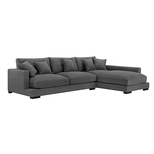 Sectional Sofa Right Hand Facing Dark Grey Fabric with 5 Pillows