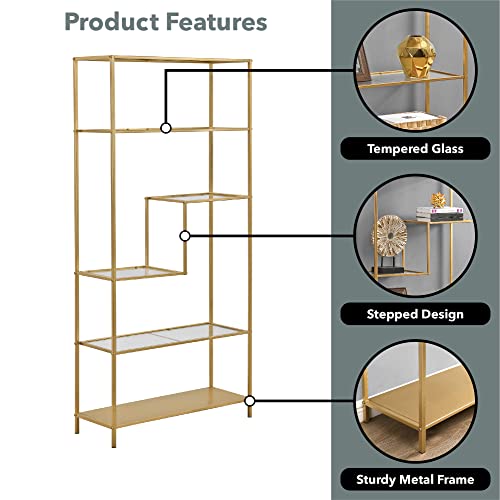 FirsTime & Co. New & Improved Gold Elliot 4-Tier Bookcase, Storage Shelf for Living Room, Bedroom, Bathroom, Kitchen, Home Office, Metal and Glass, Glam, 32.25 x 12 x 68 inches (70469)