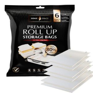 genie space - incredibly strong premium space saving roll up bags | variety 6 pack (2l+2m+2s) | create 80% more space | ideal for travel or around the home.