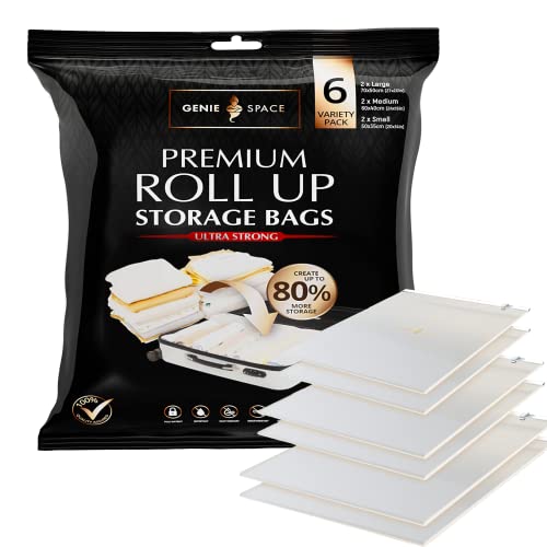 GENIE SPACE - Incredibly Strong Premium Space Saving Roll Up Bags | Variety 6 Pack (2L+2M+2S) | Create 80% More Space | Ideal for Travel or Around The Home.