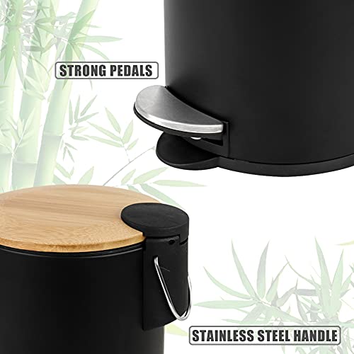 SIDIANBAN Small Bathroom Trash Can with Bamboo Lid Soft Close and Foot Pedal, 1.3Gal/5L Round Garbage Can with Removable Inner Wastebasket for Bedroom, Powder Room, Craft Room, Office, Kitchen, Black