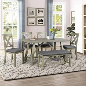 knocbel wood dining table sets for 6, kitchen dining room set include 1 table, 1 padded bench & 4 padded chairs (gray) (gray with wood)