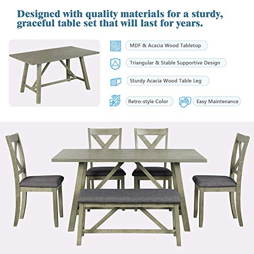 Knocbel Wood Dining Table Sets for 6, Kitchen Dining Room Set Include 1 Table, 1 Padded Bench & 4 Padded Chairs (Gray) (Gray with Wood)