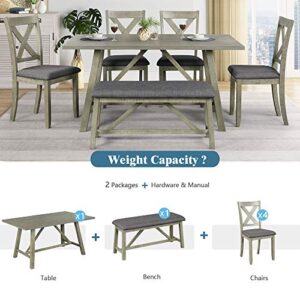 Knocbel Wood Dining Table Sets for 6, Kitchen Dining Room Set Include 1 Table, 1 Padded Bench & 4 Padded Chairs (Gray) (Gray with Wood)