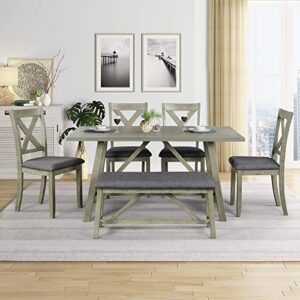 Knocbel Wood Dining Table Sets for 6, Kitchen Dining Room Set Include 1 Table, 1 Padded Bench & 4 Padded Chairs (Gray) (Gray with Wood)