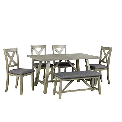 Knocbel Wood Dining Table Sets for 6, Kitchen Dining Room Set Include 1 Table, 1 Padded Bench & 4 Padded Chairs (Gray) (Gray with Wood)