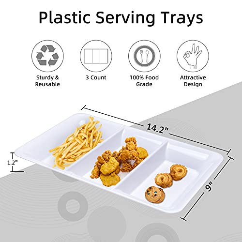 Lullaby 3 Sectional Plastic Serving Tray 14.2" x 9", 3 Pack White Serving Platters for Cheese Cracker Food, BPA-Free and Reusable