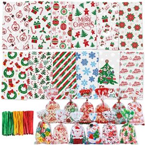 colorbib 216pcs christmas candy treat bags cellophane bags with 220pcs twist ties, snowflakes and gingerbread man 12 assorted pattern snack goodie bags for treat candy party supplies