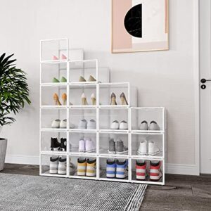 waytrim clear plastic shoe storage boxes, foldable 18 pack stackable shoe organizer for closet, drop front door sturdy sneaker containers for women’s size 14 - large