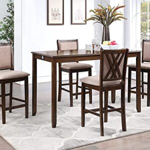 New Classic Furniture Amy Kitchen Counter Island Dining Table for 4 with Storage Shelf & USB Chargers, Traditional Brown Cherry