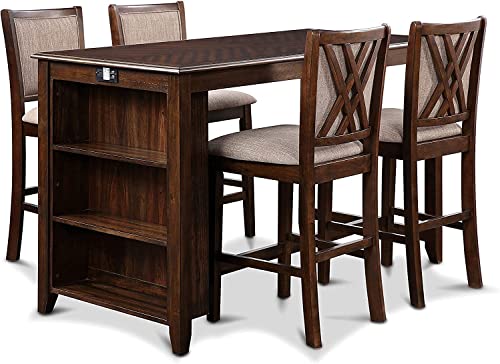 New Classic Furniture Amy Kitchen Counter Island Dining Table for 4 with Storage Shelf & USB Chargers, Traditional Brown Cherry