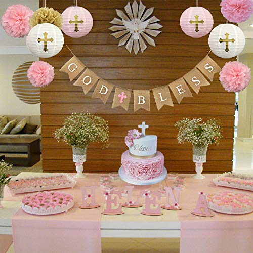 CHRORINE Baptism Decorations Christening First Communion Confirmation Decorations for Girls, Baptism God Bless Banner and Pink Party Decorations - Pink Set