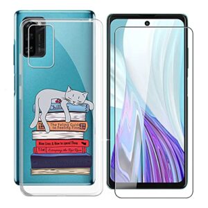 phone case for blackview a100 (6.67"), with [1 x tempered glass protective film], kjyf clear soft tpu shell ultra-thin [anti-scratch] [anti-yellow] case for blackview a100 - book and cat