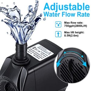 SongLong 750GPH Submersible Pump, Ultra Quiet Water Pump with 8.5ft High Lift, Fountain Pump with 5.9ft Power Cord, 3 Nozzles(0.510.630.75) for Fish Tank, Pond, Aquarium, Statuary, Hydroponics