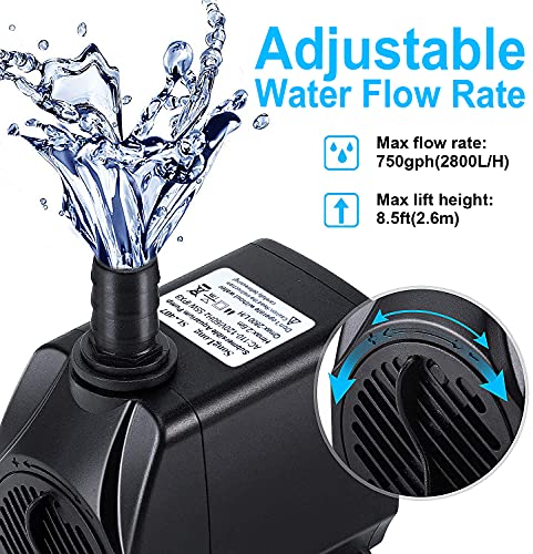 SongLong 750GPH Submersible Pump, Ultra Quiet Water Pump with 8.5ft High Lift, Fountain Pump with 5.9ft Power Cord, 3 Nozzles(0.510.630.75) for Fish Tank, Pond, Aquarium, Statuary, Hydroponics