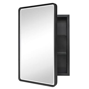 tehome farmhouse black metal framed recessed bathroom medicine cabinet with mirror rounded rectangle tilting beveled vanity mirros for wall 16x24 inch