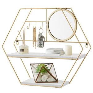 tfer floating shelves wall mounted hexagon wall shelf hanging shelves for wall storage rustic wood wall shelves for bedroom, living room, bathroom, kitchen, office, with mirror and hooks (gold)