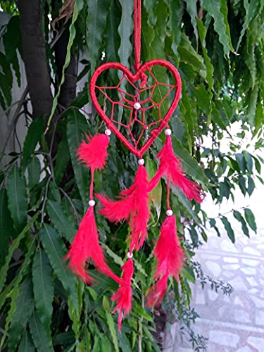 Fikimos Dream Catchers Wall Decor, Handmade Feather Bedroom Home Car Decor Nursery Room Hanging Decoration (3" Red Heart)