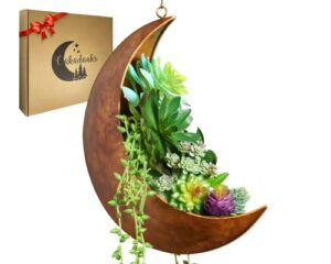 oakadoaks hanging moon planter for moon room decor great for succulents,air plant,mini cactus,faux,artificial plants-12” boho rustic metal planters,gifts for women,birthdays,nursery