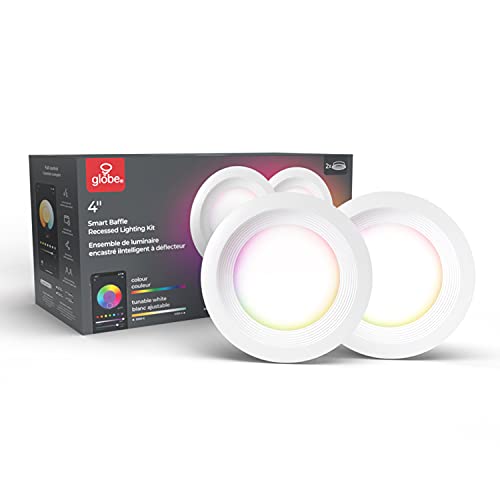 Globe Electric 50284 Wi-Fi Smart 4" Slim Baffle LED Recessed Lighting Kit 2-Pack, No Hub Required, Voice Activated, 9 Watts, Multicolor RGB, Tunable White, 540 Lumens, Wet Rated, 4.25" Hole Size