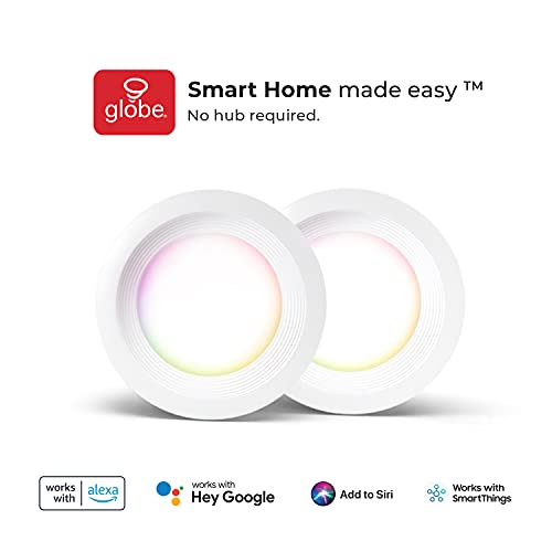 Globe Electric 50284 Wi-Fi Smart 4" Slim Baffle LED Recessed Lighting Kit 2-Pack, No Hub Required, Voice Activated, 9 Watts, Multicolor RGB, Tunable White, 540 Lumens, Wet Rated, 4.25" Hole Size