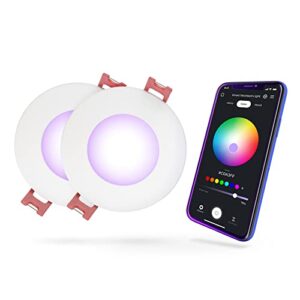 globe electric 50466 wi-fi smart 3" ultra slim led recessed lighting kit 2-pack, no hub required, voice activated, 7 w, multicolor changing rgb, tunable white 2000k - 5000k, 390 lumens, wet rated